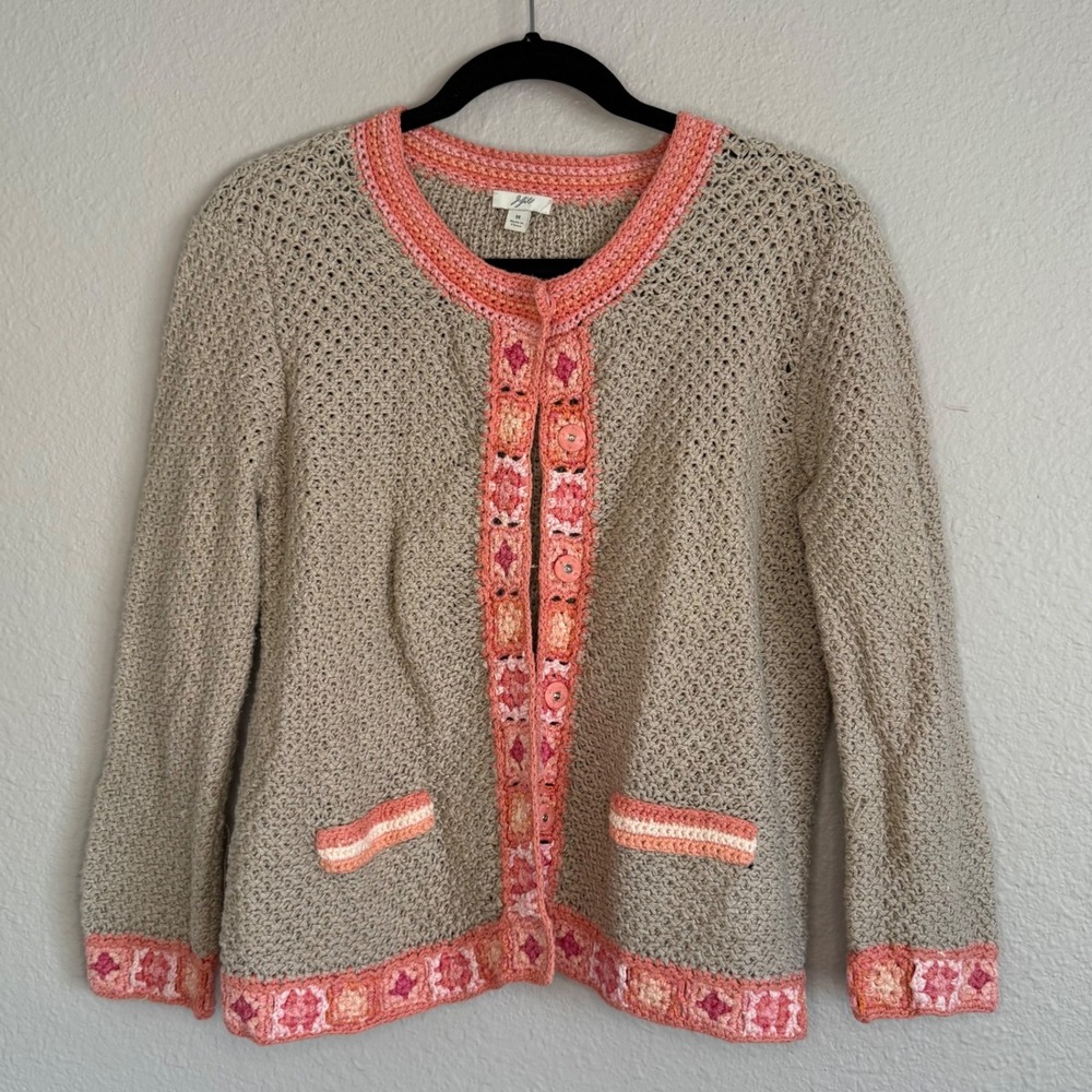 J Jill Womens Medium Linen Open Knit Crochet‎ Cardigan Beige Granny Square Beach